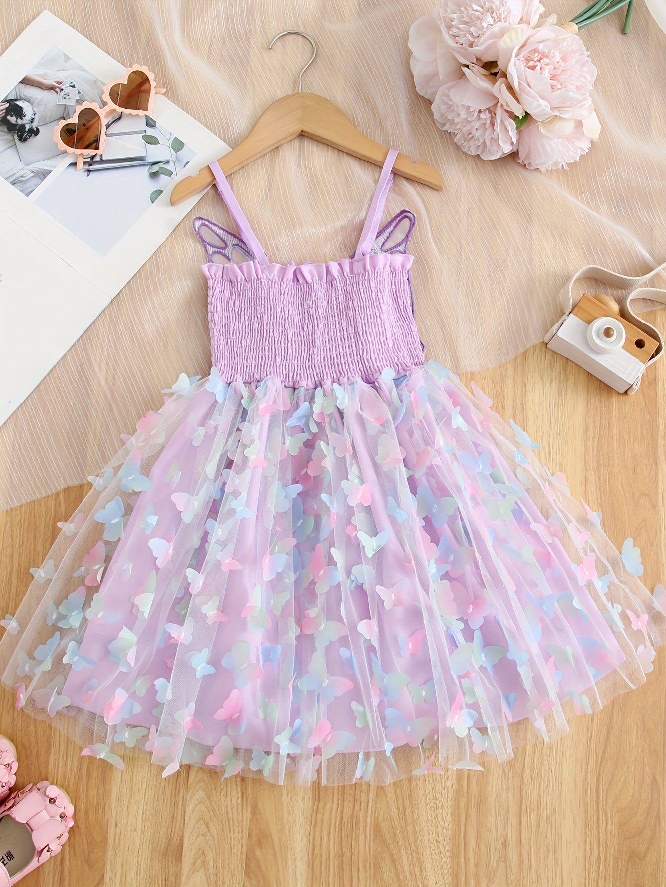 Enchanting Rainbow Butterfly Princess Dress for Girls - Elegant Sleeveless Mesh Tutu with Bow Detail, Perfect for Parties & Birthdays