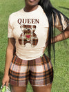 2pcs Women's Casual Round Neck Short Sleeve Top And Striped Shorts Set - Bear Print, Smooth Polyester Fabric, 180g/m² - Spring/Summer Essentials | Machine Wash, Medium Stretch | No Lining