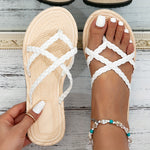 Women'S Summer Flat Sandals - Casual Beach Thong Flip-Flops with Braided Straps, White Open-Toe Design, EVA Sole & Insole, Perfect for Casual Attire, Strappy Sandals