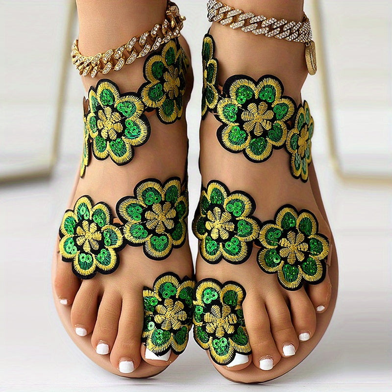 Faux Pearl Women's Flowers Flat Sandals, Fashion Toe Loop Casual Beach Travel Slip On Shoes