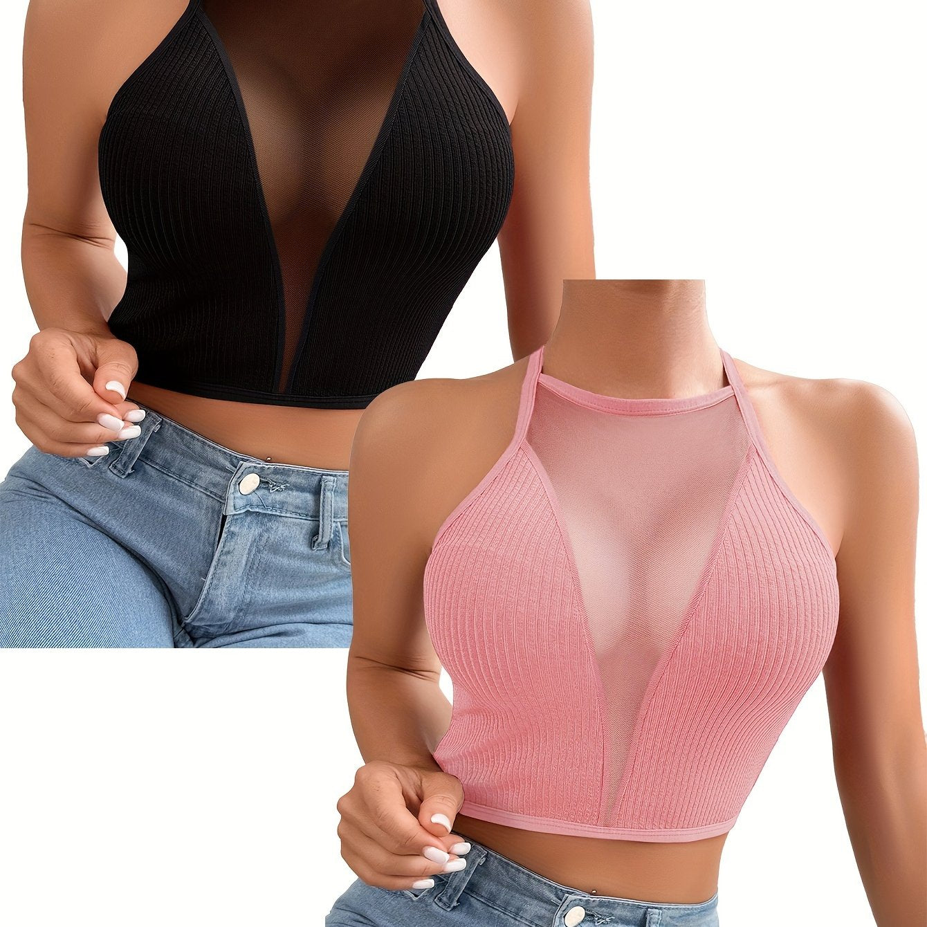 2pcs Elegant Mesh Halter Tank Tops for Women - Sleeveless, Backless with Cross-Neck Straps, Ribbed Texture, Versatile Wear as Casual or Layered, Machine Washable, Nylon & Elastane Blend, in Black & Pink