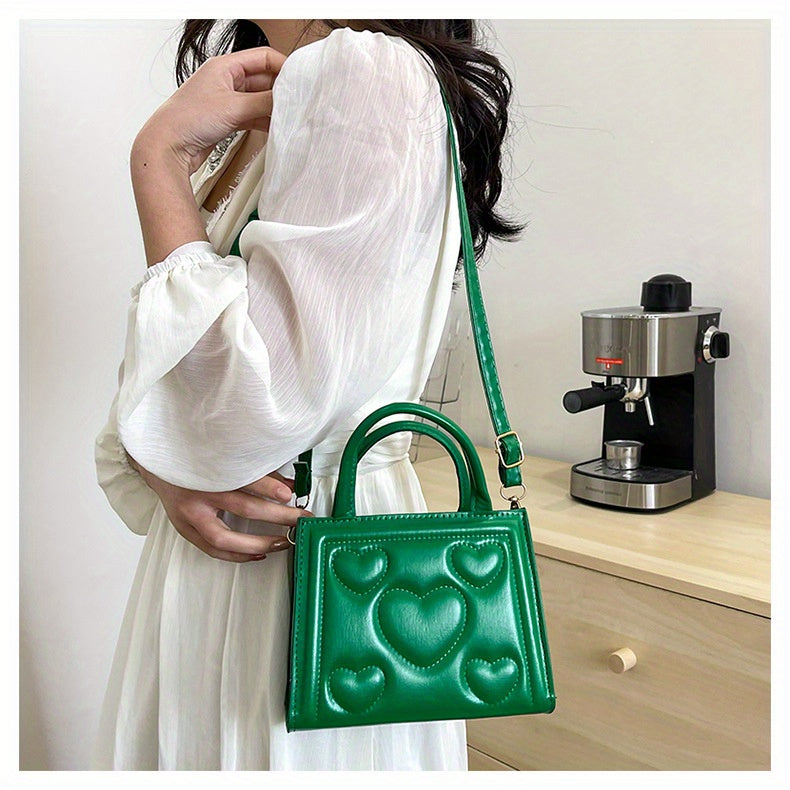 1pc Women’s Stylish Solid Color Handbag with Detachable Strap – Heart Pattern Design, Perfect for Valentine’s Day Gift, Available in Magenta, White, Black, Green, Yellow
