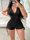 Women'S Sexy Sleeveless Hooded Jumpsuit, Solid Color Polyester 100% Knit Fabric, Summer Drawstring Unitard with Side Ties