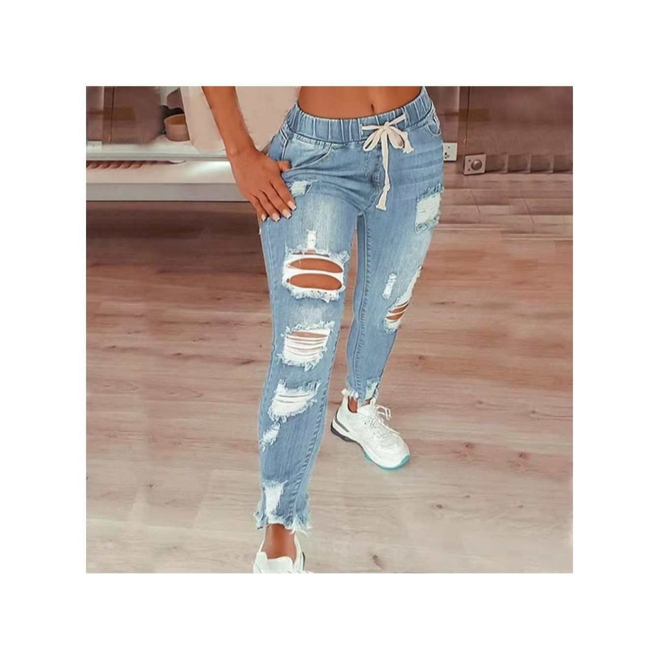 Europe and the United States ladies high waist retro college wind hole feet with elastic waist drawstring long jeans