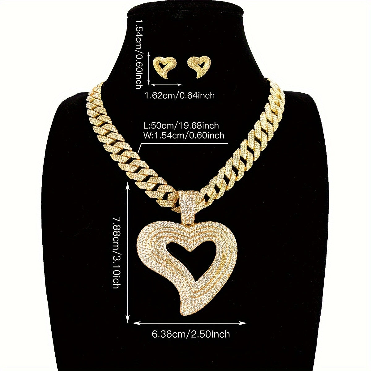 Y2K Elegant Rhinestone Heart Pendant Necklace and Earrings Set - Synthetic Jeweled Cuban Link Chain - Zinc Alloy Jewelry for Daily & Festival Occasions - Ideal Valentine's Gift