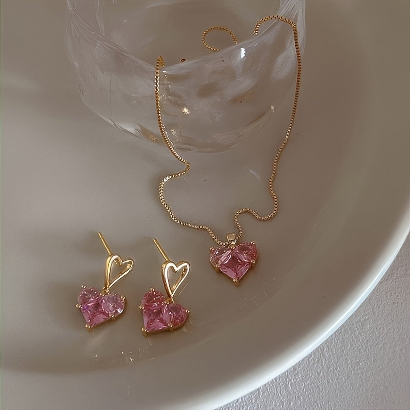 3pcs Y2K-Inspired Pink Heart Bling Jewelry Set - Sparkling Earrings and Necklace, Perfect for Daily Wear, Dates, Vacations & Parties, Date Night Jewelry|Heartshaped Bling|Goldtone Alloy, Jewelry & Accessories