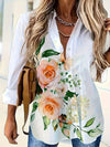 Women'S Floral Print Long Sleeve Casual Button-Up Shirt - White with Pink Roses & Green Leaves, Perfect for All Seasons, Casual Attire|Floral Print Shirt|Long Sleeve Shirt