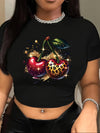Women'S Casual Crew Neck Short Crop Top T-Shirt with Leopard Print Cherry Graphic, Polyester Knit Fabric with Elastane, Short Sleeve, All Season Wear