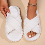 Women’s Minimalist Striped Plush Slippers – Soft Open-Toe House Shoes with EVA Sole, All-Season Indoor Comfort