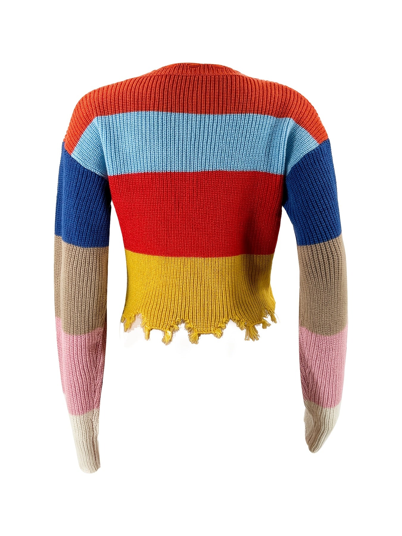 Women'S Casual Color Block V-Neck Sweater with Fringe Detail - Stylish Red, Blue, and Yellow Stripes, All-Season Top, Casual Wear|Vneck Sweater|Knitted Texture