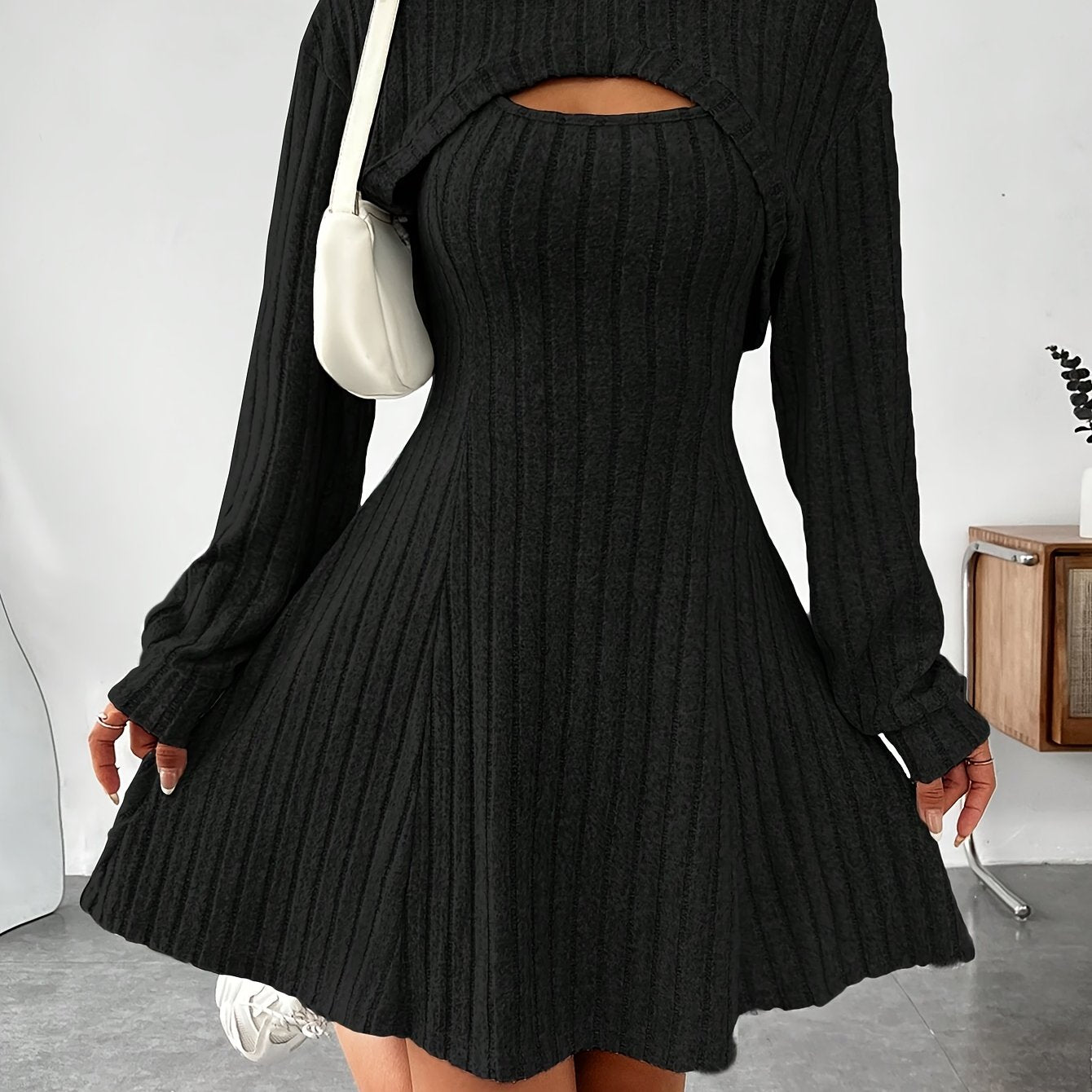 Long Sleeve Solid Color Ribbed Hoodie Shrug Top & Sleeveless Square Neck A-line Tank Dress Set, Women's Clothing Outfits