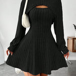 Long Sleeve Solid Color Ribbed Hoodie Shrug Top & Sleeveless Square Neck A-line Tank Dress Set, Women's Clothing Outfits