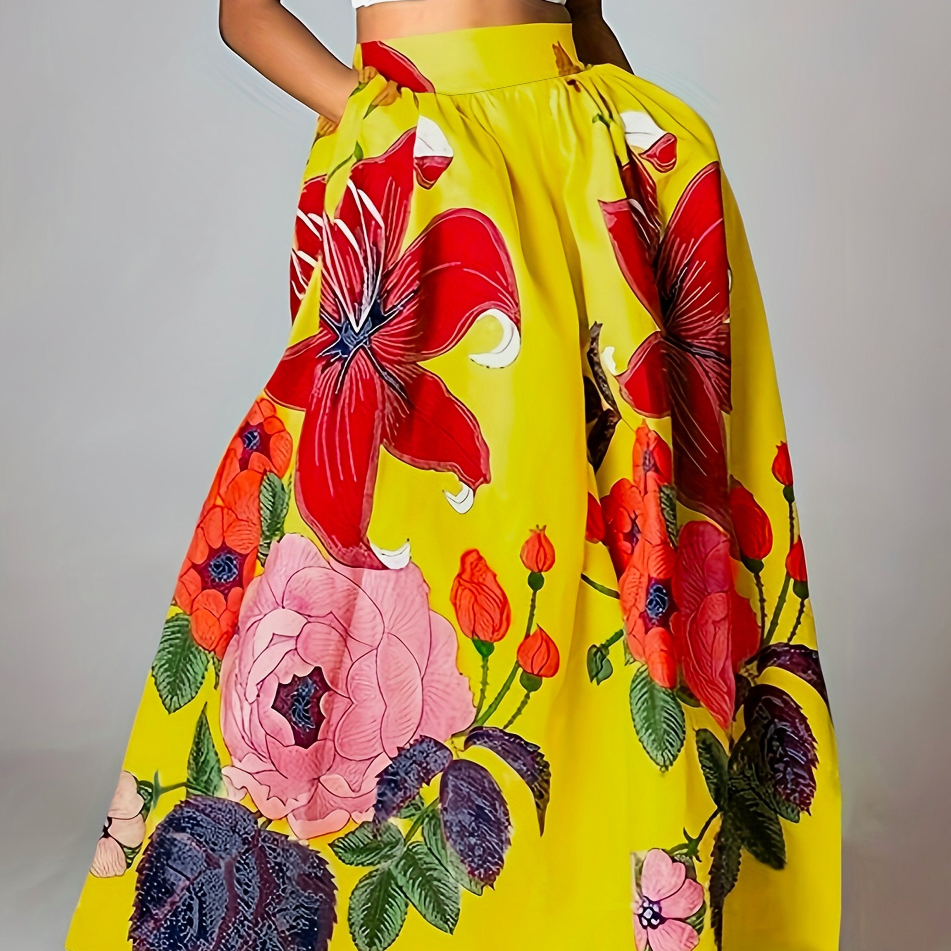 Floral Print Pocket Design Skirt, Elegant Elastic High Waist Maxi Skirt For Spring & Fall, Women's Clothing