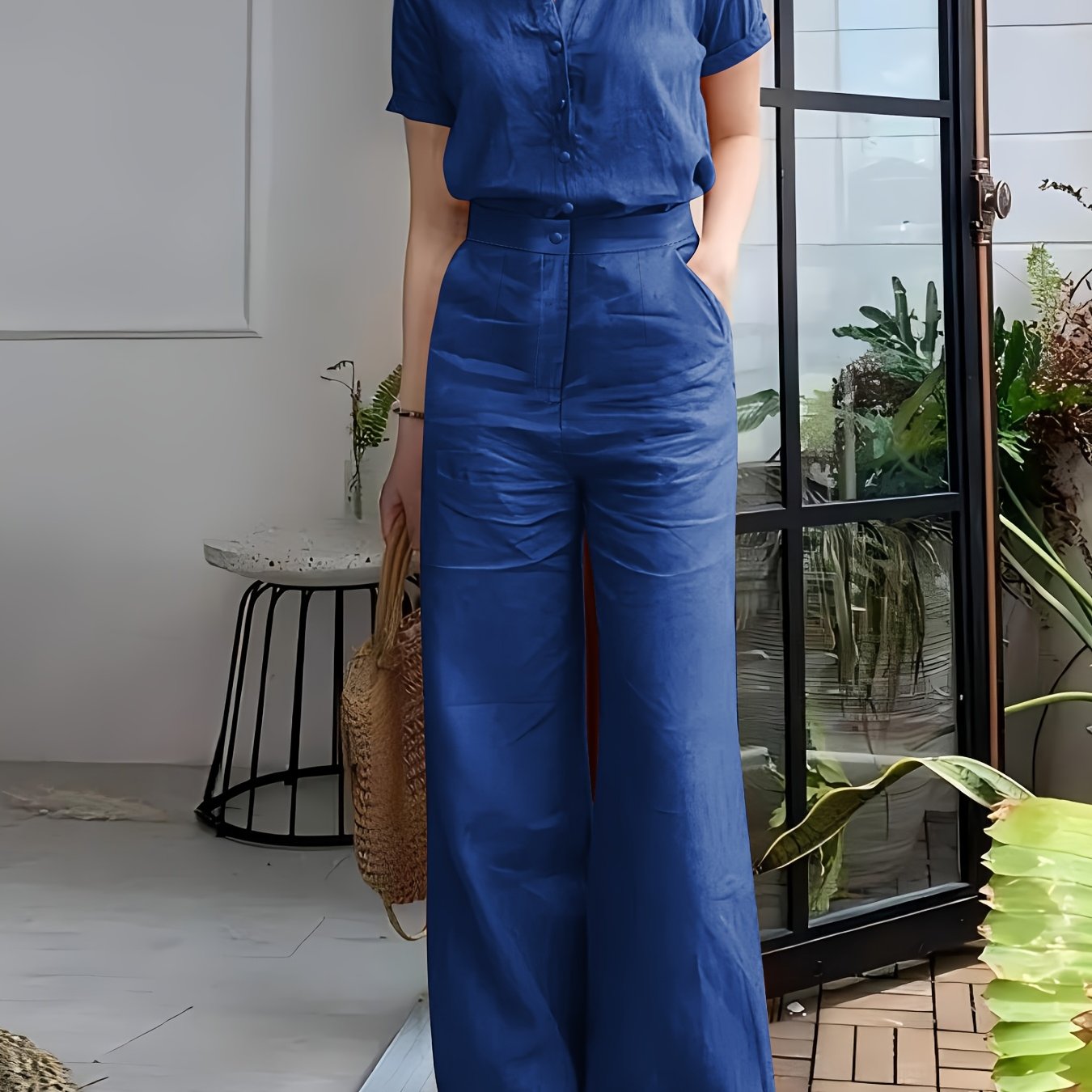 Women'S Solid Color Short Sleeve Shirt and Long Pants Elegant Two-Piece Set