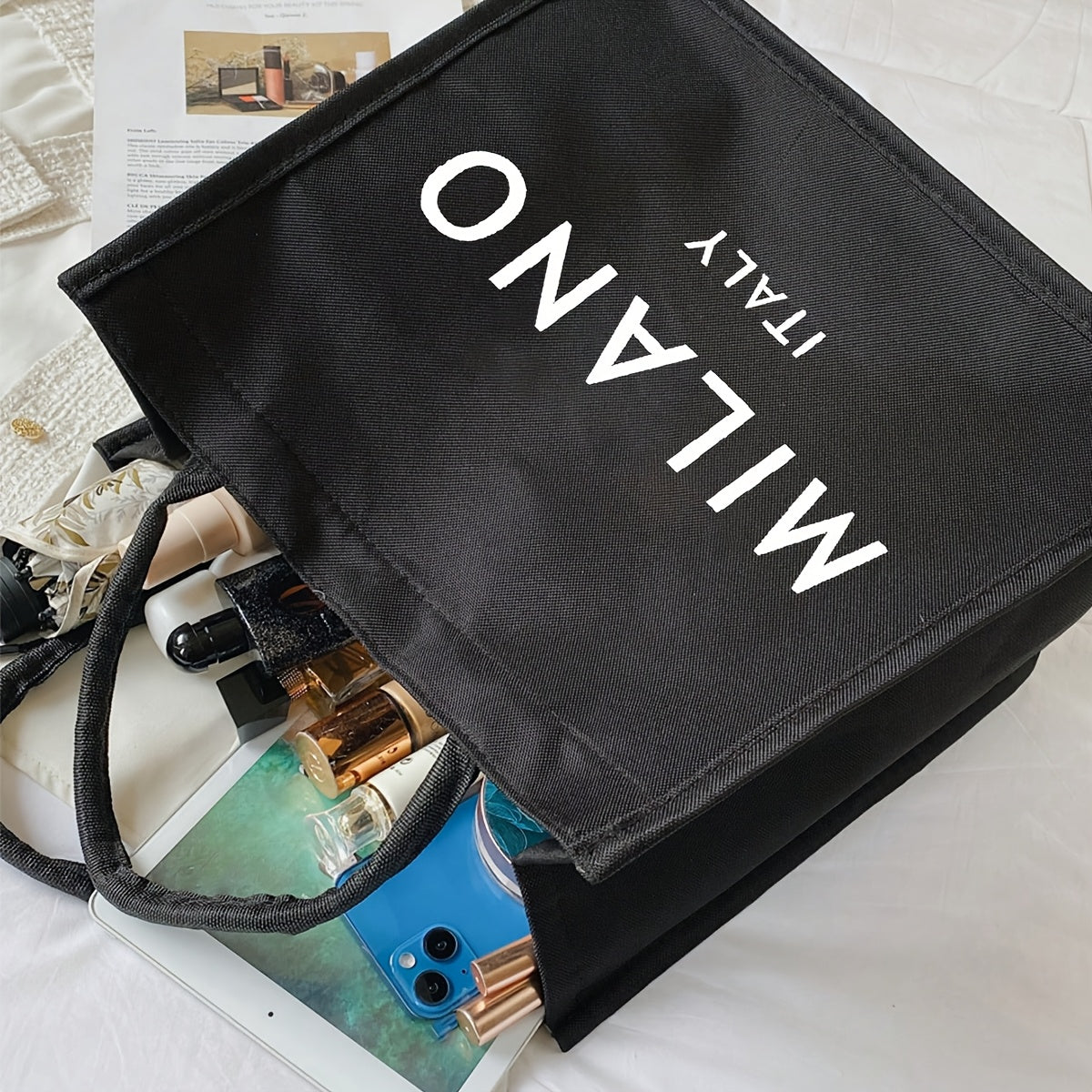 Milano Italy Black Tote Bag with "Milano Italy" Print - Durable Polyester, Perfect for Birthdays, Beaches, Holidays - Ideal Gift for Mothers, Teachers, Friends, and Students, Beach Tote Bag|Stylish Tote Bag|Durable