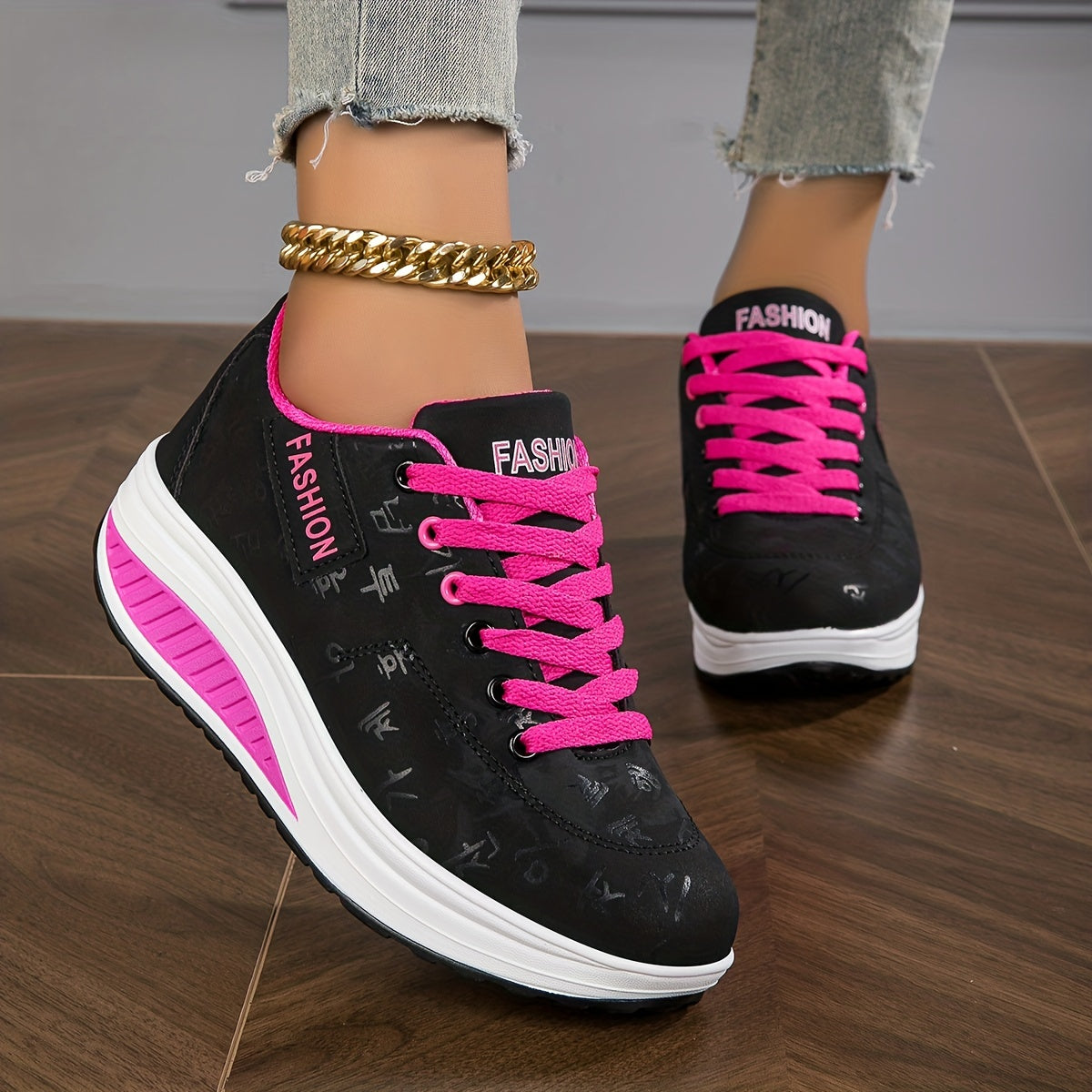 Women's Fashionable Rocker Sneakers - Breathable, Non-Slip Thick Sole Casual Shoes in Brown with White Sole Accents, Lace-Up Low Tops, Stain-Resistant, All-Season Wear