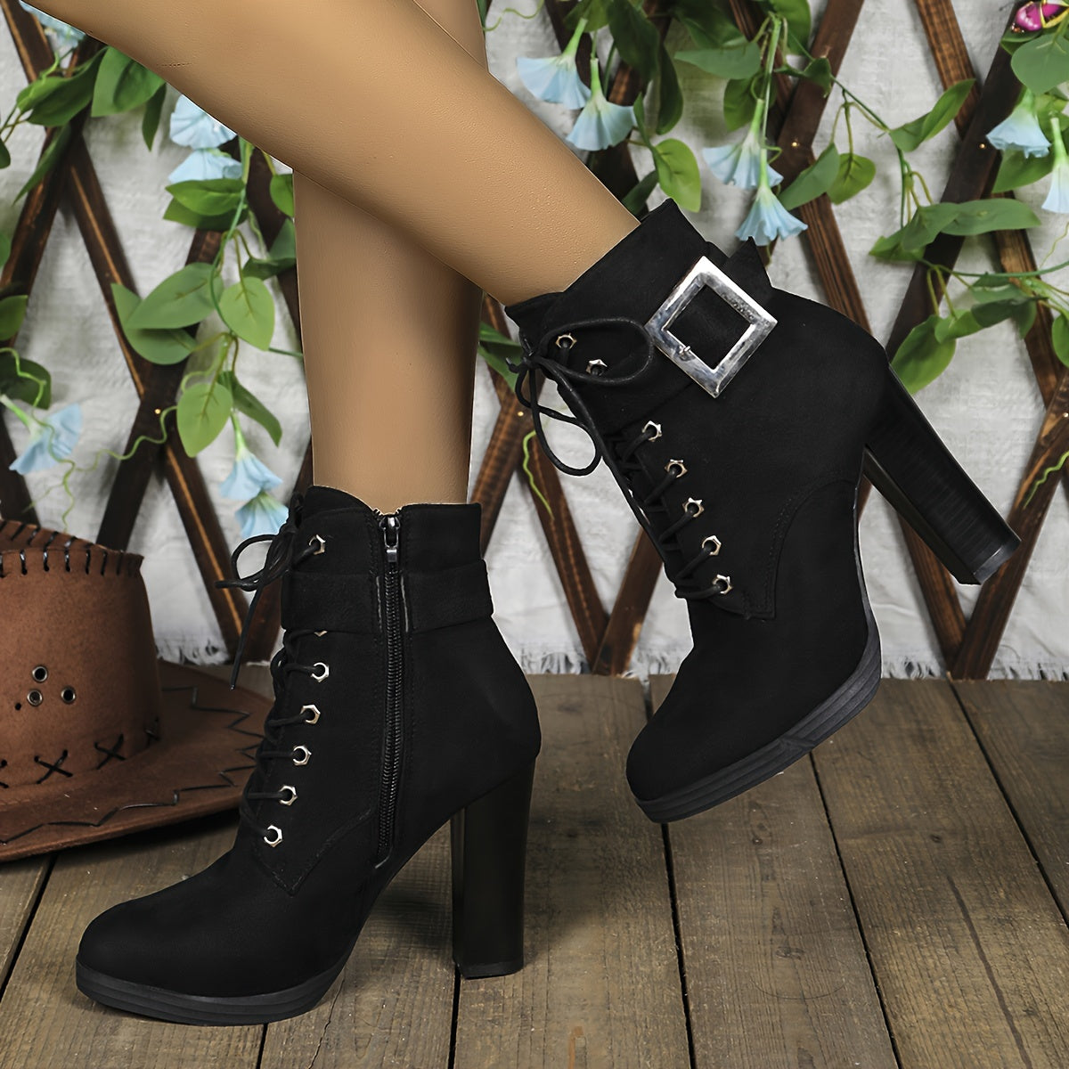 Chic Women's Ankle Boots with Block Heel - Casual Lace-Up & Side Zipper, Round Toe, Faux Cover
