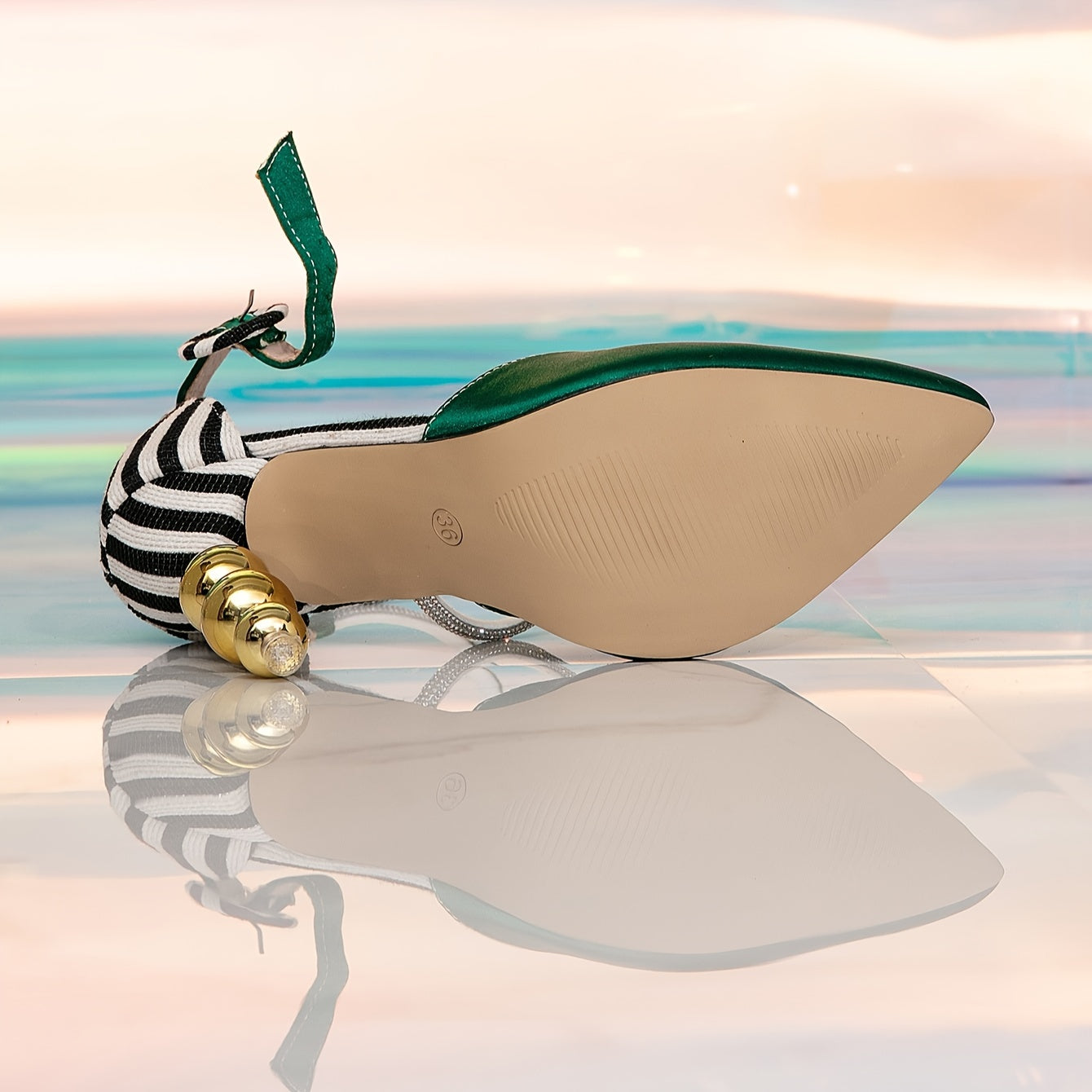 Elegant Green High Heel Shoes for Women - Summer 2024 Collection, Pointed Toe with Sequin Accents & Bowknot Ankle Strap, Stylish Wedding & Party Shoes, PVC Material, Chunky Heel Shoes