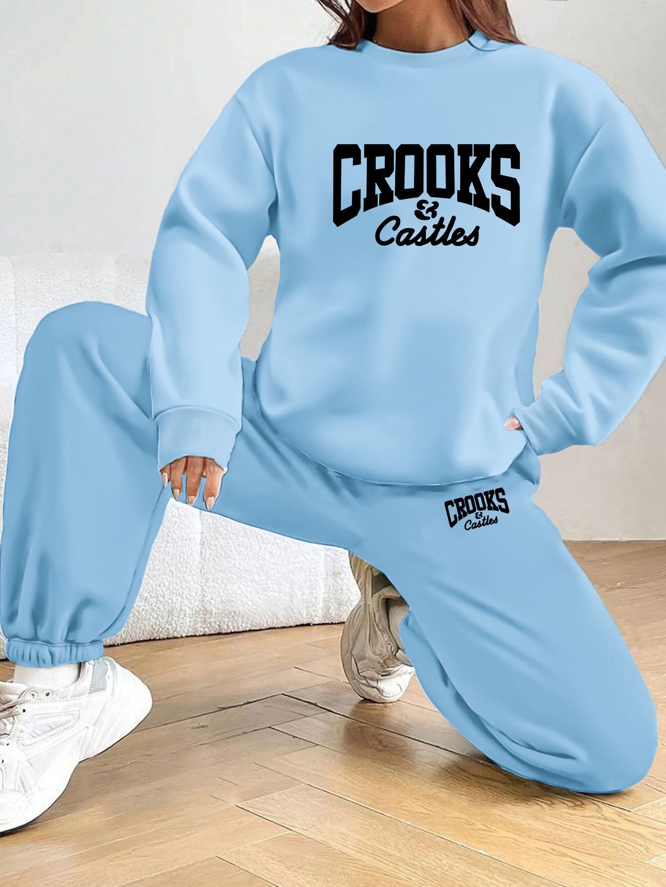 Women'S Casual Stylish Geometric Letter Pattern Printed Pullover And Sweatpants Set - Long Sleeves, Round Neck, Polyester Blend, Perfect Choice for Autumn And Winter.