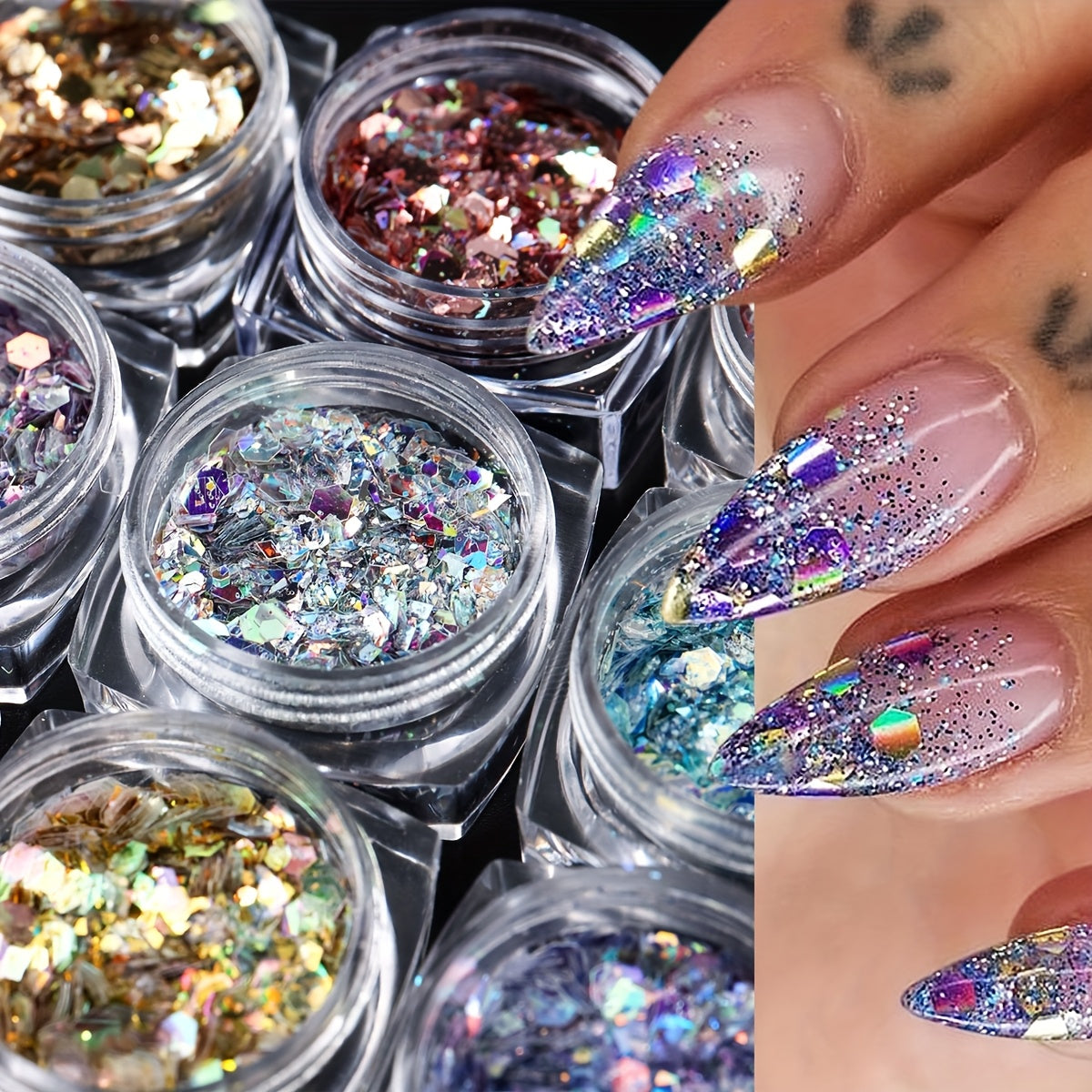 12 Colors Nail Art Glitter Diamond Dust Iridescent Nail Powder Chunky Glitter Confetti Foil Flakes Sequins for Nail Art Supplies, Gel Polish, Y2K Mermaid Holographic Hexagon Sequins, 3D Mirror Irregular Slices Sparkles