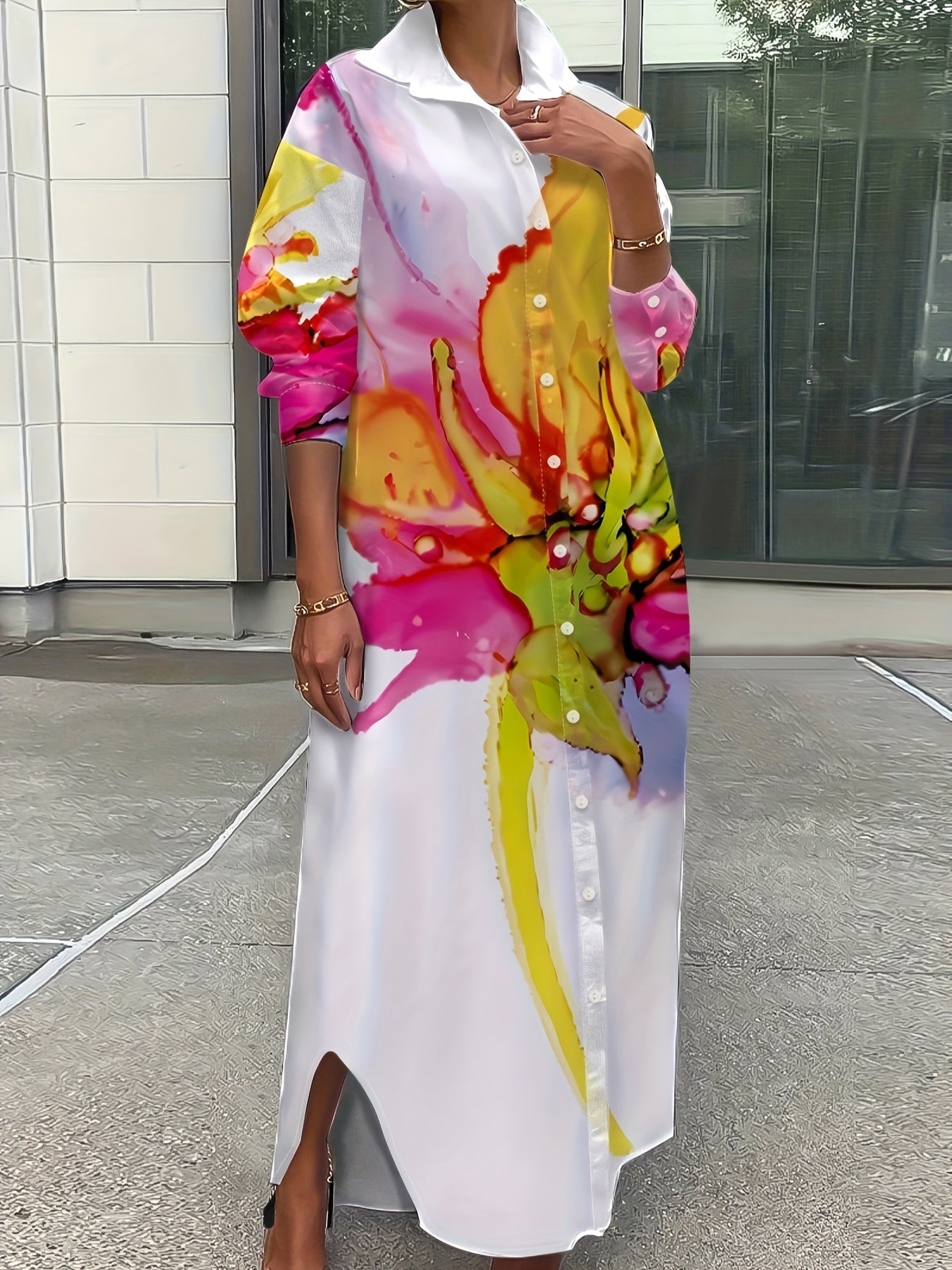 Floral Print Long Sleeve Shirt Dress - Polyester, Button Closure, Casual Style, Suitable for All Seasons