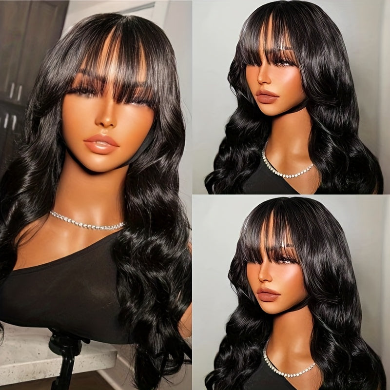Human Hair Wigs With Bangs Body Wave 230% Density Full Machine Made Human Hair Wigs For Women Girls None Lace Front Wigs Glueless Scarf Wigs With Bangs Natural Color Christmas New Year'S Gifts