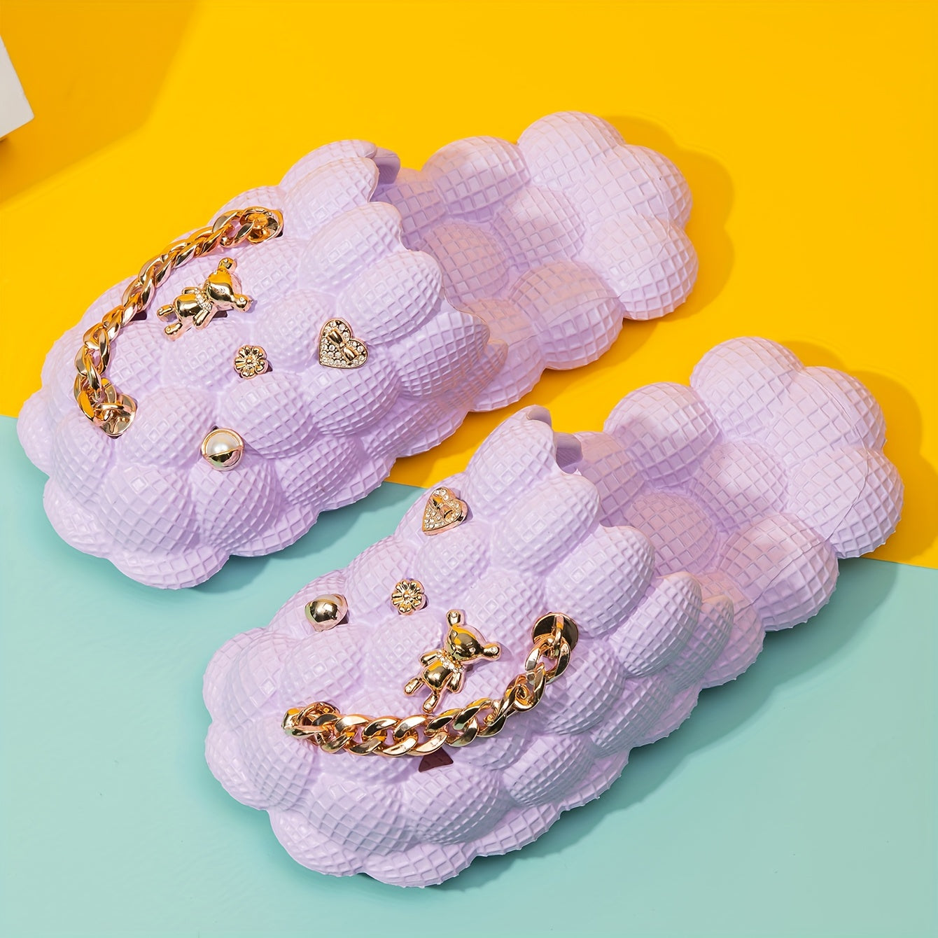 Women's Fashion Trendy Bubble Slippers With Golden Chain, Soft Comfortable Bottom Outdoor Slippers
