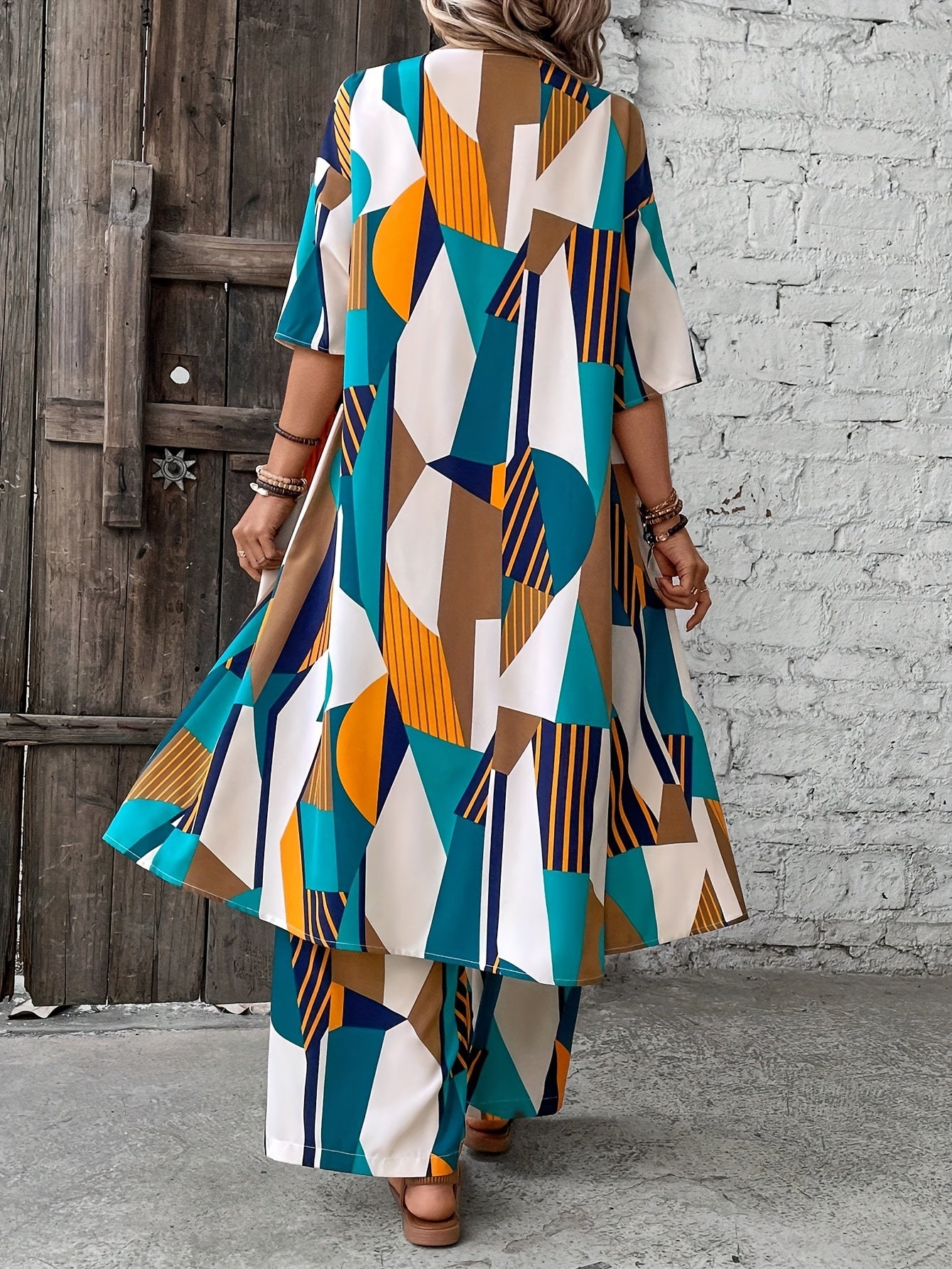 Vacation Style Geo Print Pantsuits Set, Long Length Short Sleeve Shirt & Wide Leg Pants Outfits, Women's Clothing