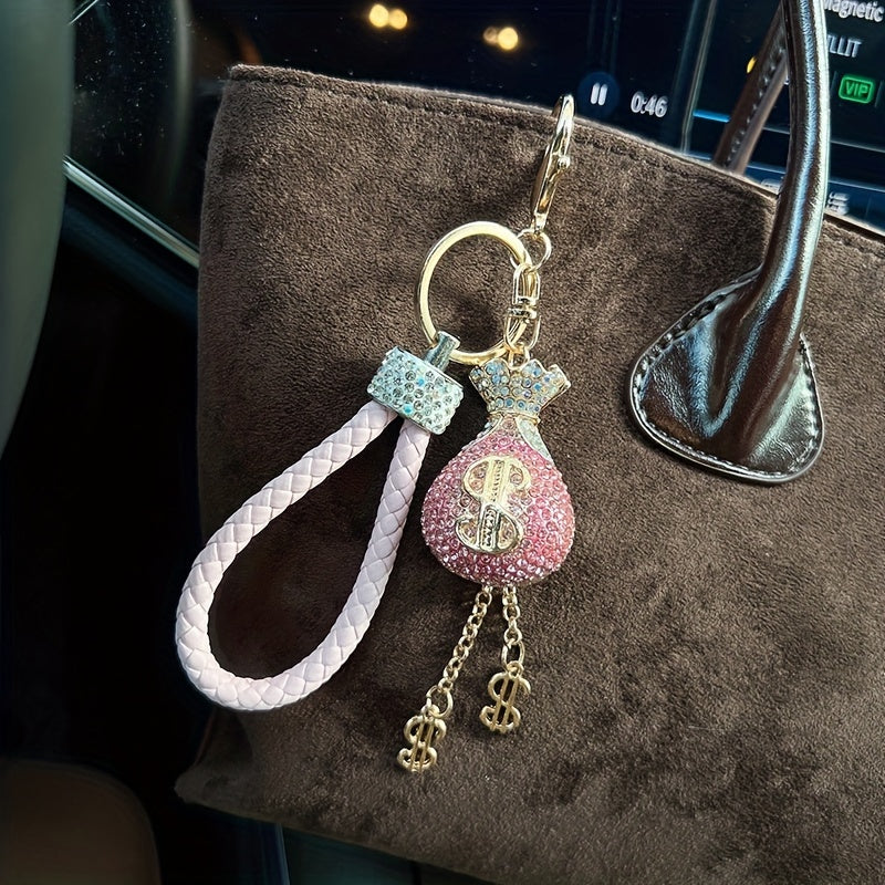 Elegant Alloy & Rhinestone-Encrusted Dollar Sign Keychain with Braided Rope - Sparkling Charm for Car Keys, Bags & Wallets - Ideal Birthday Gift