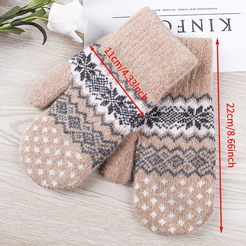 1 Pair Winter Gloves, Double-Layer Thick Warm Knit Mittens with Geometric Pattern, Acrylic 90% Nylon 10% Elasticity, Touchscreen Compatible for Outdoor Sports, Cycling, Skiing - Hand Washable, Winter Clothes