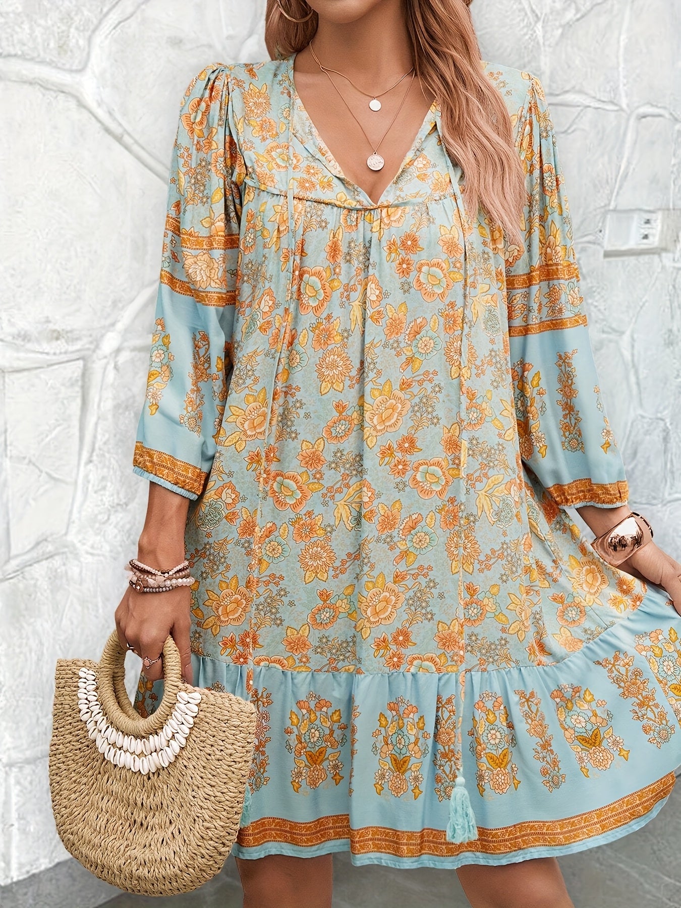 Plus Size Women'S Floral Print Tie Neck Ruffle Hem Loose Casual Spring And Summer Outing Dress