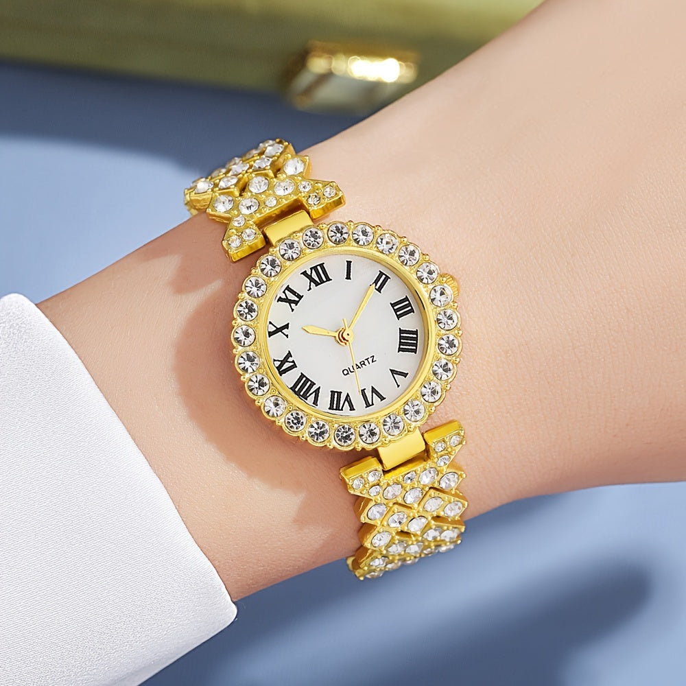 6pcs/set Women's Luxury Rhinestone Quartz Watch Shiny Golden Fashion Analog Wrist Watch & Jewelry Set, Gift For Mom Her