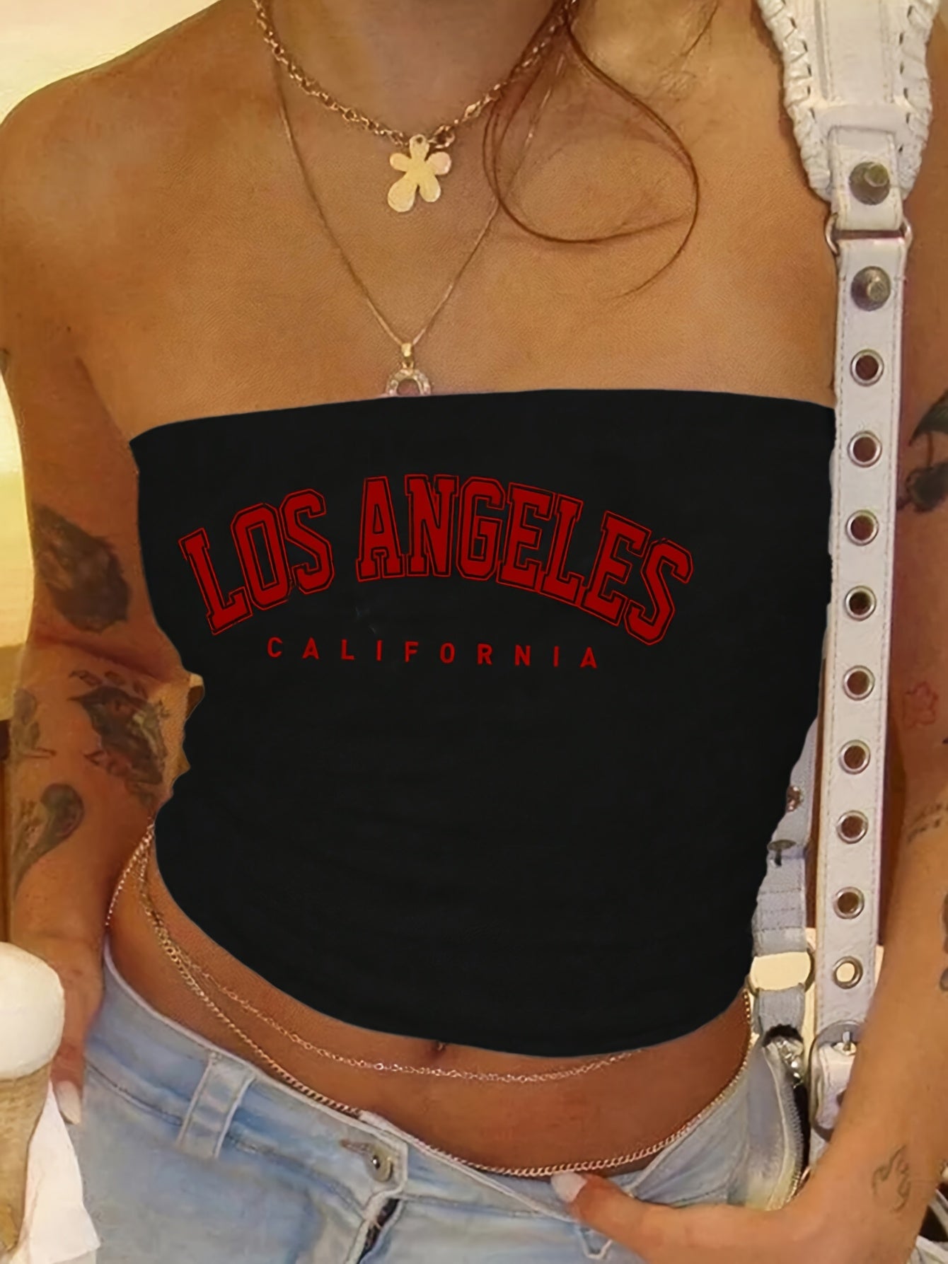 Women's Stretchy Los Angeles California Graphic Tube Top - Casual Strapless Crop Top with Red Lettering, Black Polyester Blend, Machine Washable, Perfect for Summer Outfits, Casual Wear | Bold Lettering Style | Stretchy Fabri