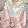Korean Style Pink Spliced Hooded Sweater for Women, New Spring/Autumn Loose Long-Sleeve Top with Lazy Look