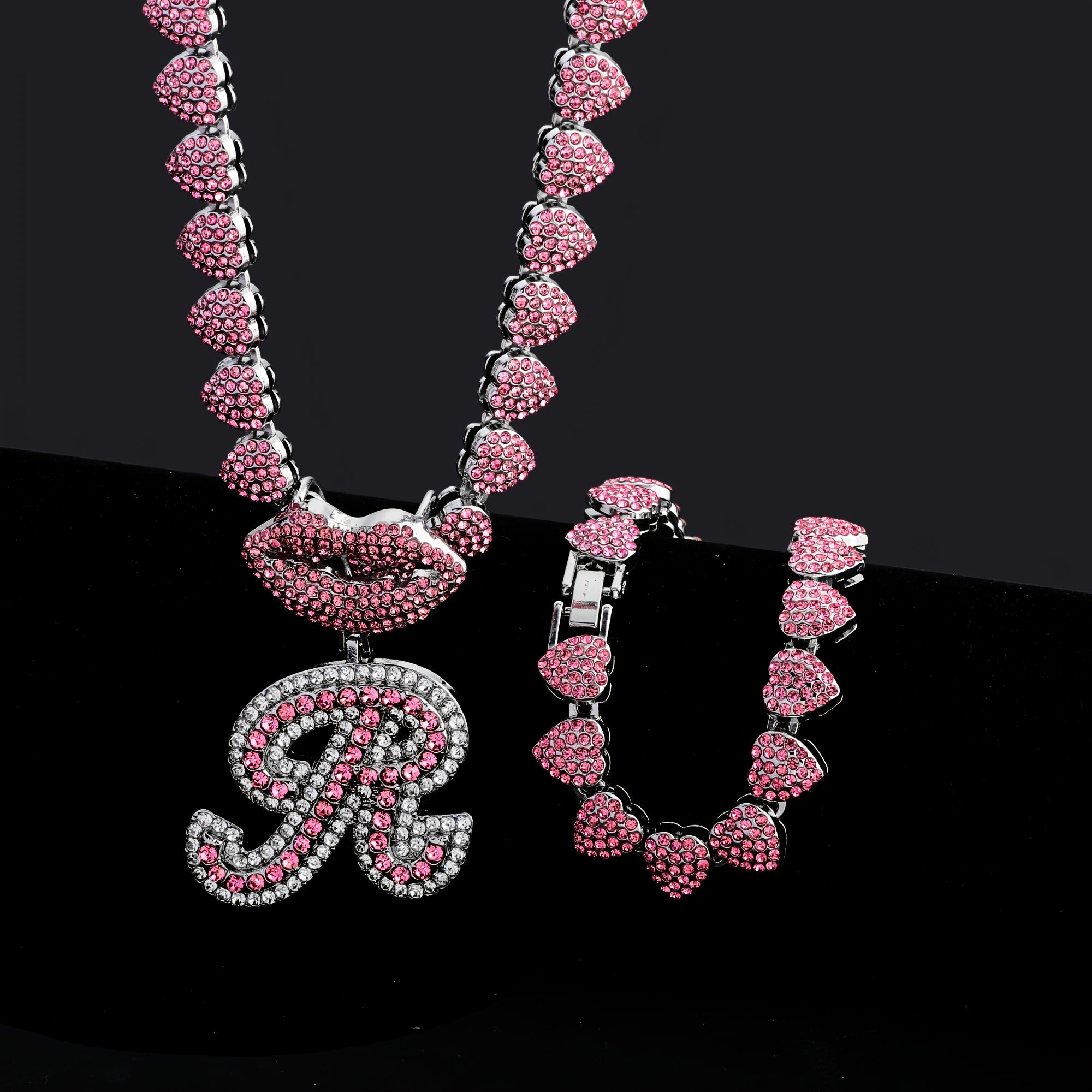 Hip Hop Y2K Style Pink Sexy Lips Pendant Necklace and Bracelet Set, A-Z Initials, Rhinestone Inlay, Zinc Alloy, Perfect for Daily Wear or Parties, Ideal Valentine's Day Gift for Men and Women, Hip Hop Jewelry