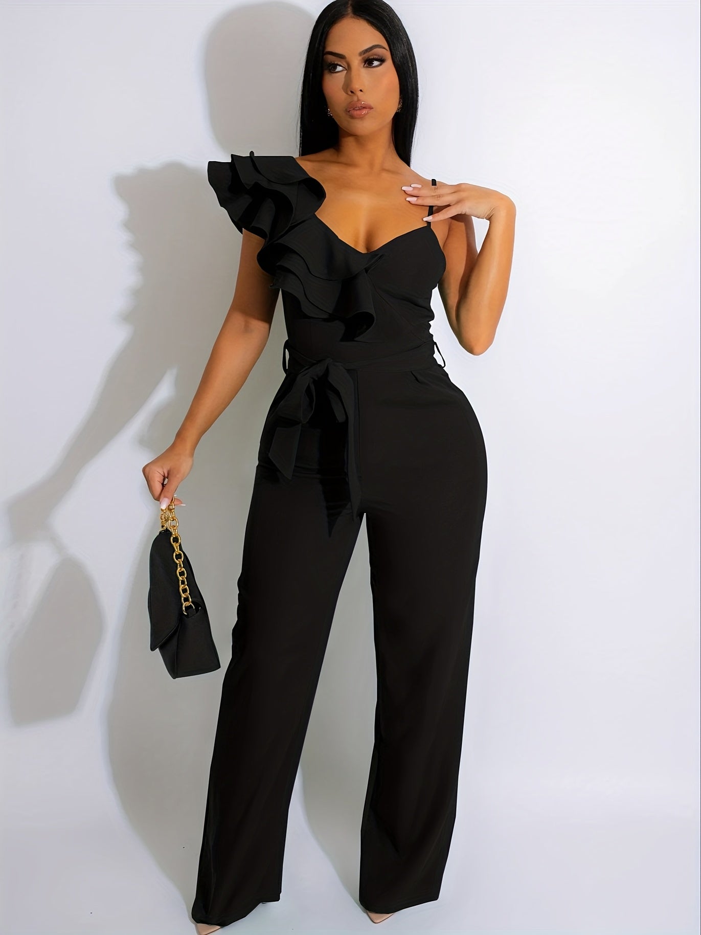 Womens Casual One Piece Jumpsuits V-Neck Sleeveless Ruffle Elegant Romper Wide Leg Pant Sexy Party Clubwear Overalls