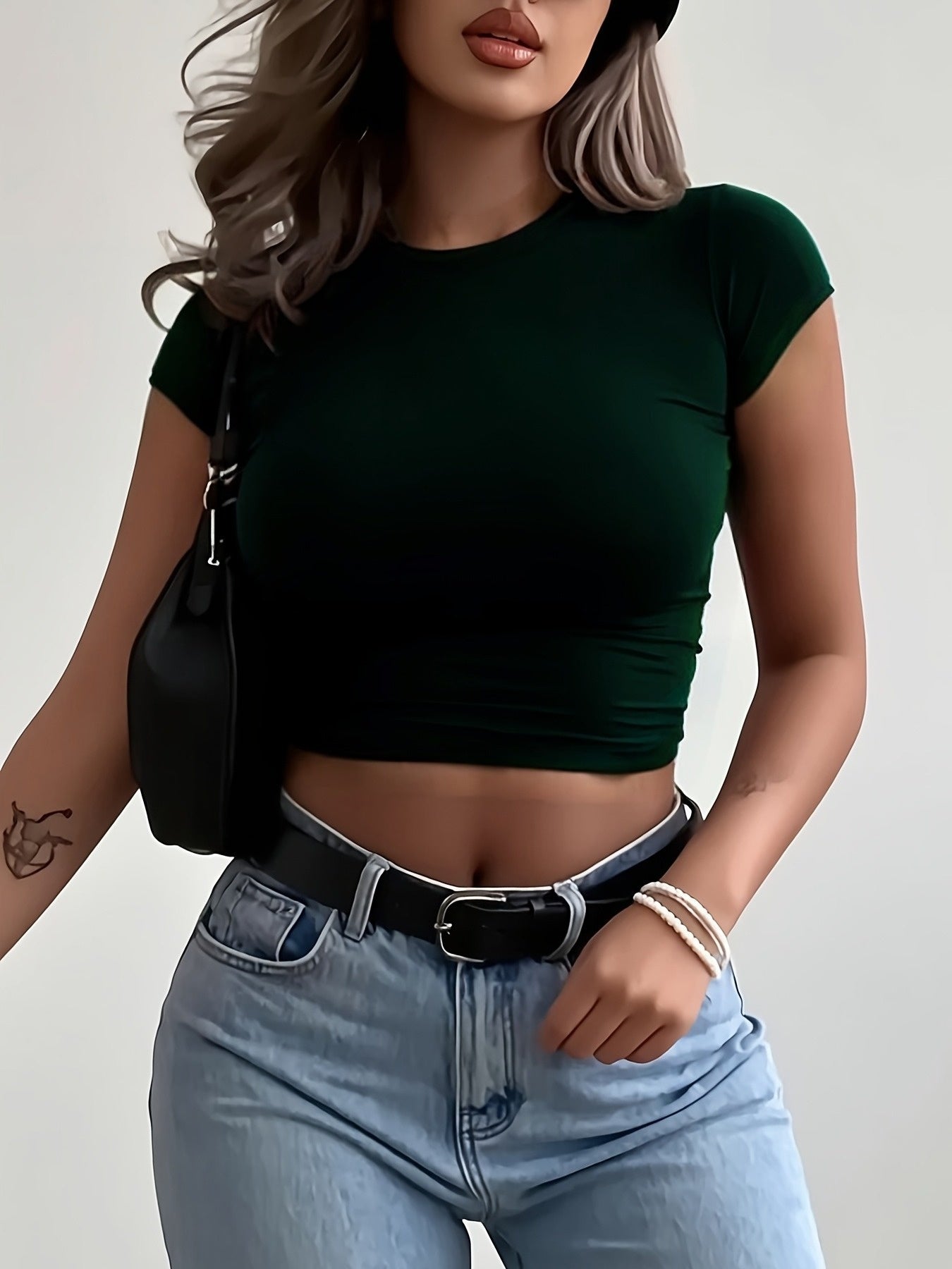 Women'S Slim-Fit Stretch Short Sleeve Crop Top - Solid Color Black, Casual Round Neck T-Shirt, Machine Washable, Perfect for Spring, Summer & Fal