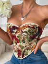 Women'S Floral Print Strapless Top, Vintage Lace Tie-Back Bustier with Fishbone Support, Polyester 95% Elastane 5%, All-Season, Color Block, Woven Fabric, 220gsm/110gsm