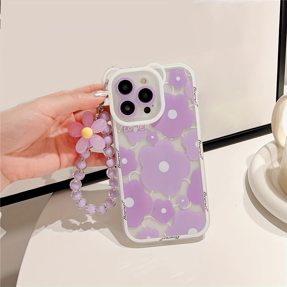 Luxury Cute Transparent Purple Bear Ear Egg Flower Soft Phone Case for iPhone 11 14 Pro Max 12 Pro 13 11 Pro Max 7 8 Plus Clear Cover with Flower Chain Lanyard