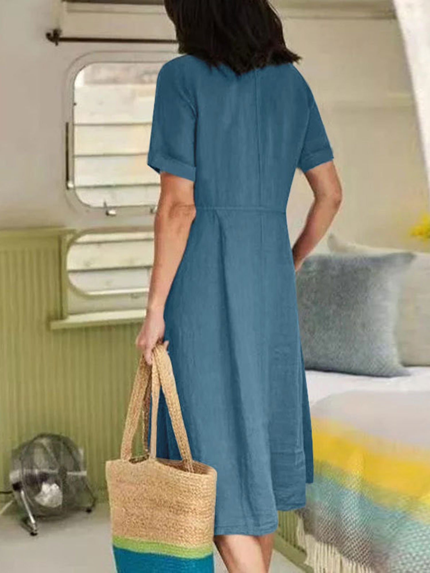 Ladies' Summer Casual Button Mini Dress, Pleated Short-Sleeved Solid Color Loose High-Waisted And Linen Dress