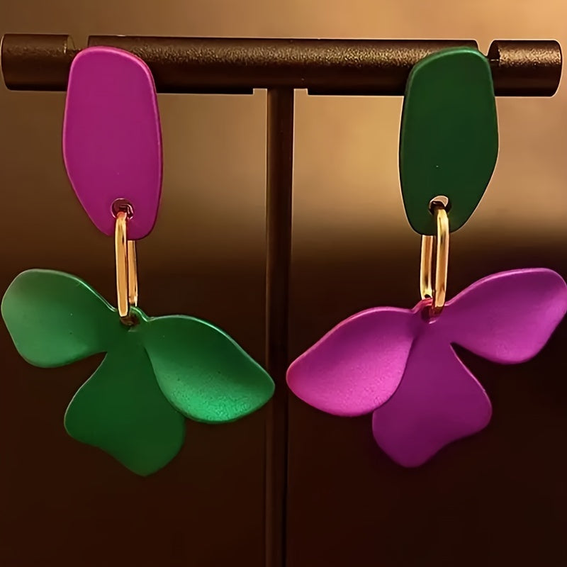 Elegant Asymmetrical Purple & Green Flower Drop Earrings - -Plated Alloy, 925 Sterling Silver Hooks, Perfect for Daily Wear, Parties, and Concerts, Everyday Earrings|Asymmetrical Earrings| Plated Earrings