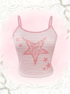 Casual Summer Spaghetti Strap Slingback Knit Fabric Polyester No Sleeve Tie Front Top with Striped Star Print