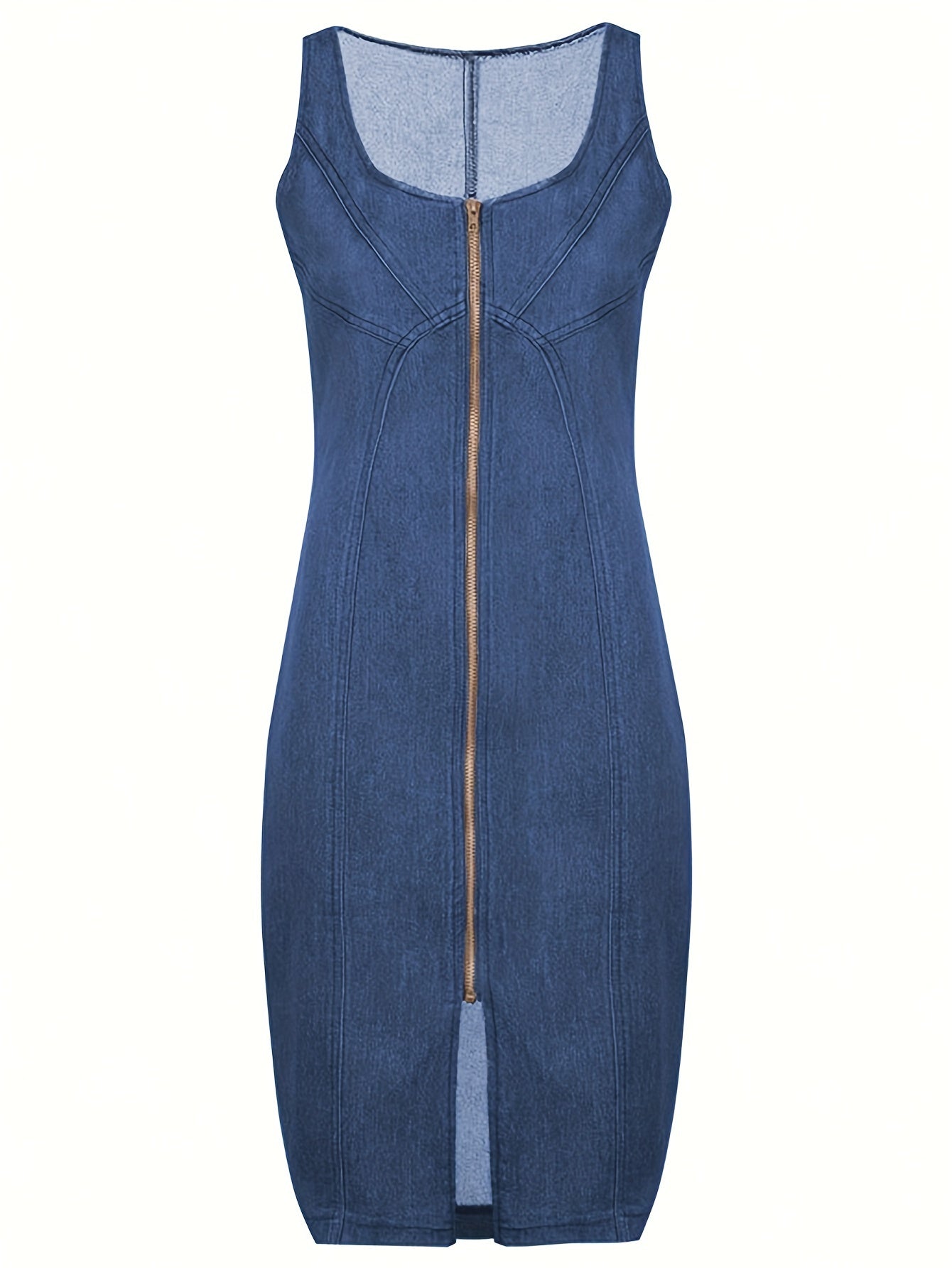 Women's Sexy Sleeveless Denim Dress, Fitted Zip-Front Midi Bodycon Dress With Front Split, Stylish Casual Summer Outfit