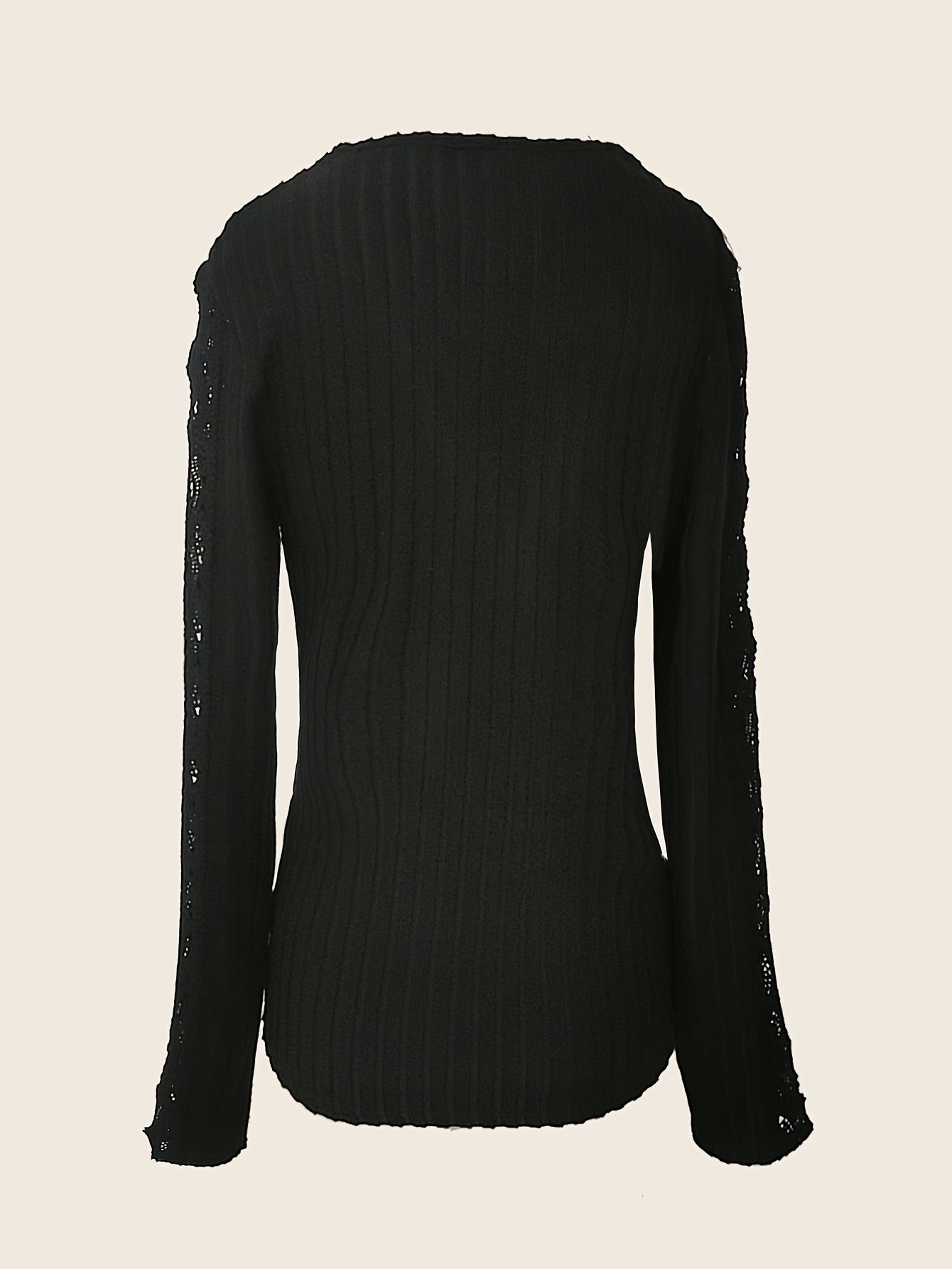 Contrast Lace Surplice Neck Rib Knit Top, Casual Long Sleeve Top For Spring & Fall, Women's Clothing