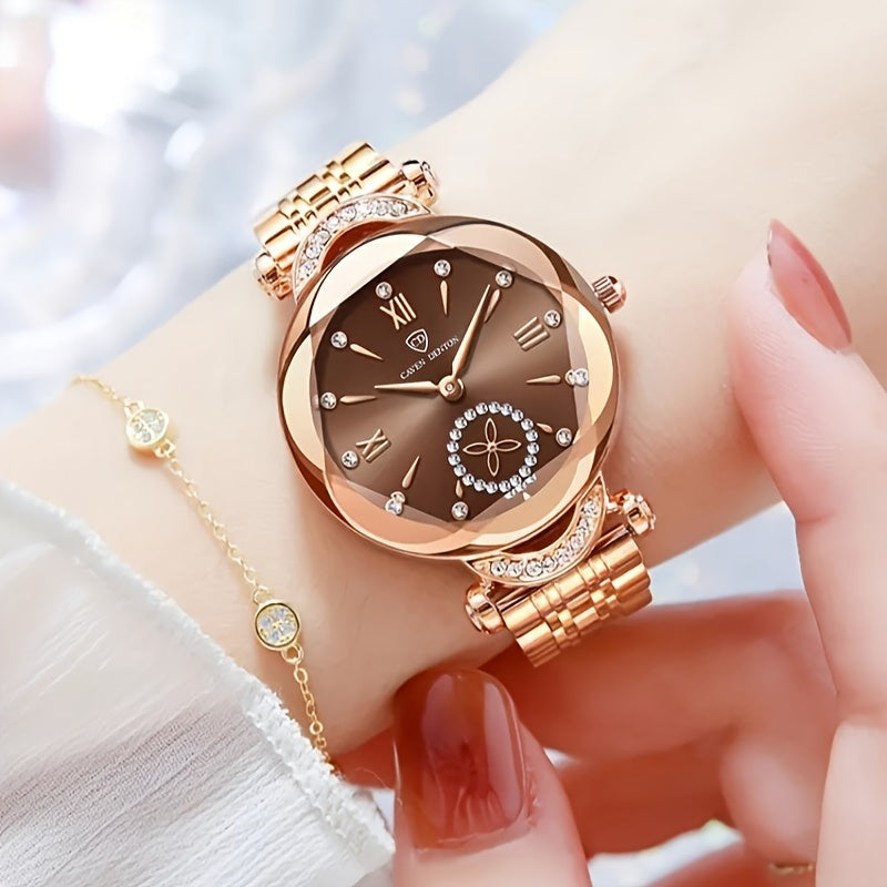 Elegant Women's Quartz Watch with Rhinestone Accents - Rose Golden Case & Stainless Steel Band, Roman Numerals, Independent Second Hand - Ideal for Business or Formal Wear - Perfect Mother's Day, Christmas, or Back-to-School