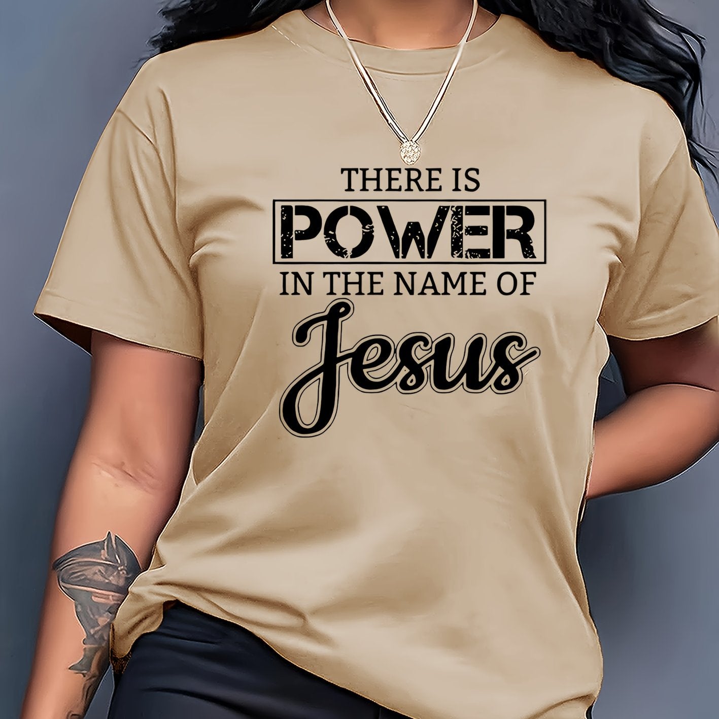 Women's Inspirational Jesus Power Quote T-Shirt - Casual Crew Neck, Short Sleeve, Beige Polyester Tee with Artistic Letter Print, Machine Washable, Casual Wear|Graphic Tee|Polyester Fabric