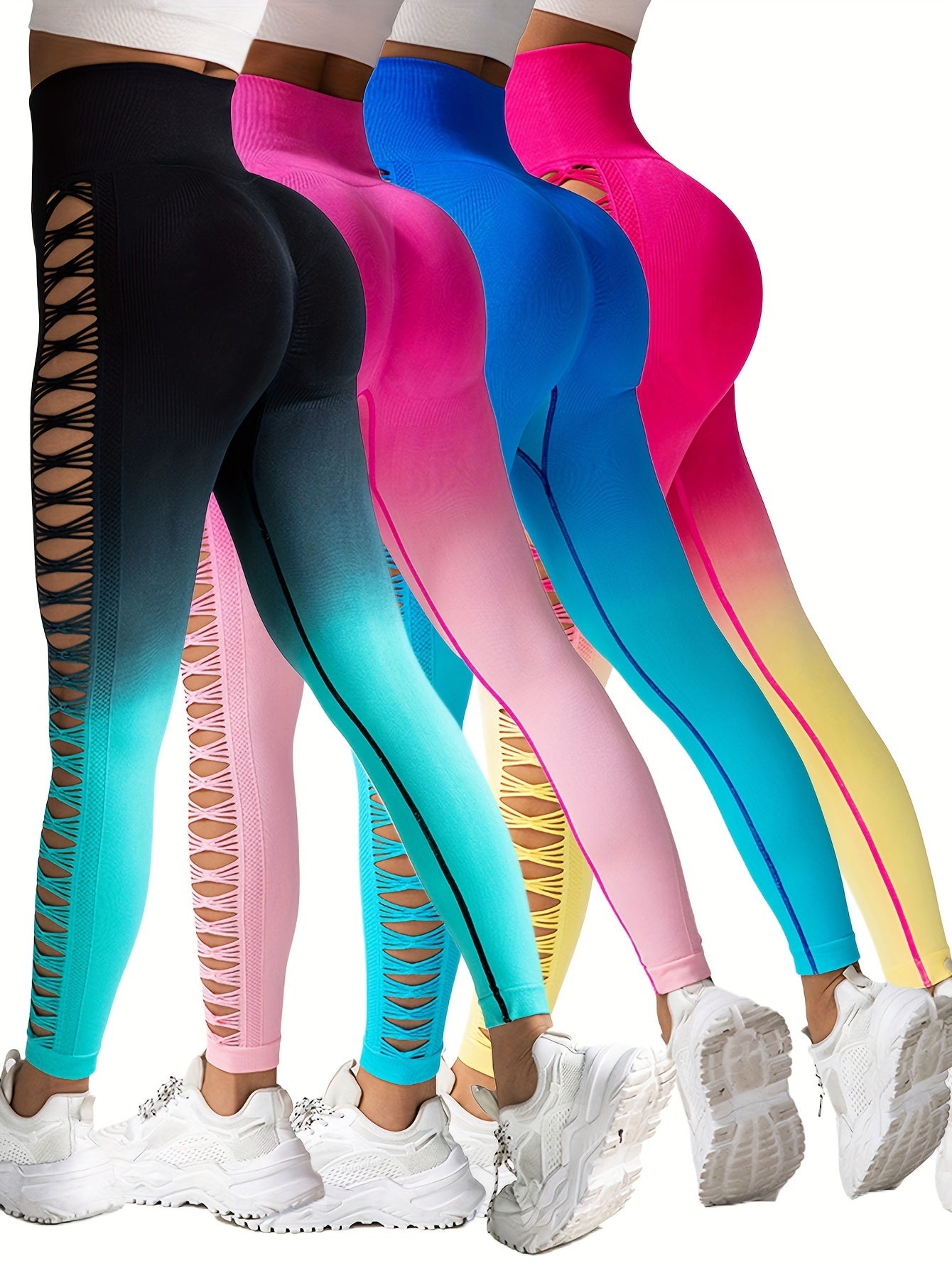 4 Pack Women's Gradient Butterfly Hollow Butt Lifting Yoga Leggings High Waisted Yoga Pants, Workout Gym And Casual Running Yoga Skinny Tights