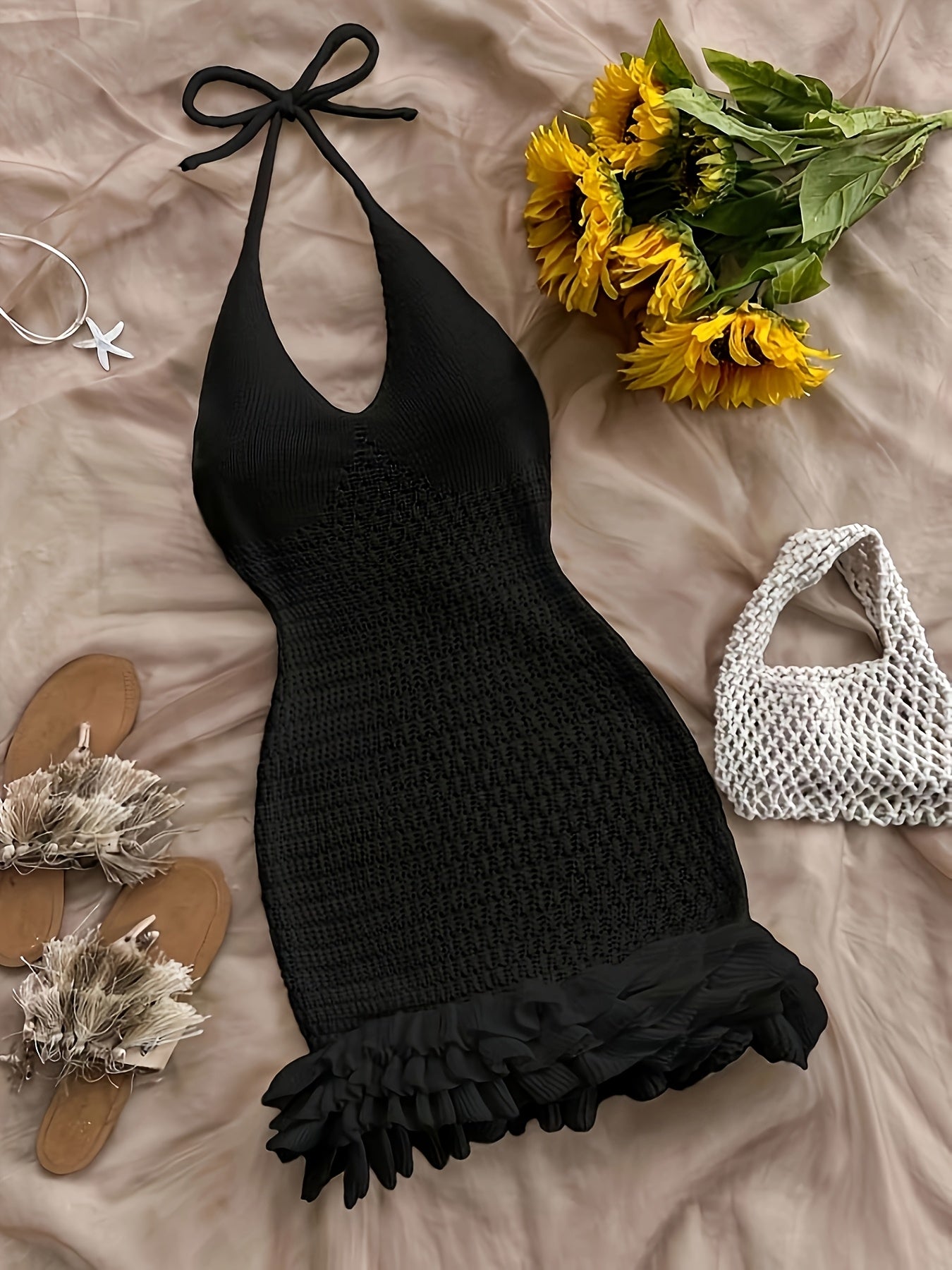 Green Halter Neck Knit Dress - Casual Sleeveless Ruffled Hem Dress for Women, Lightweight Polyester Fabric, Perfect for Summer and Beach Outfits, Beach Dress