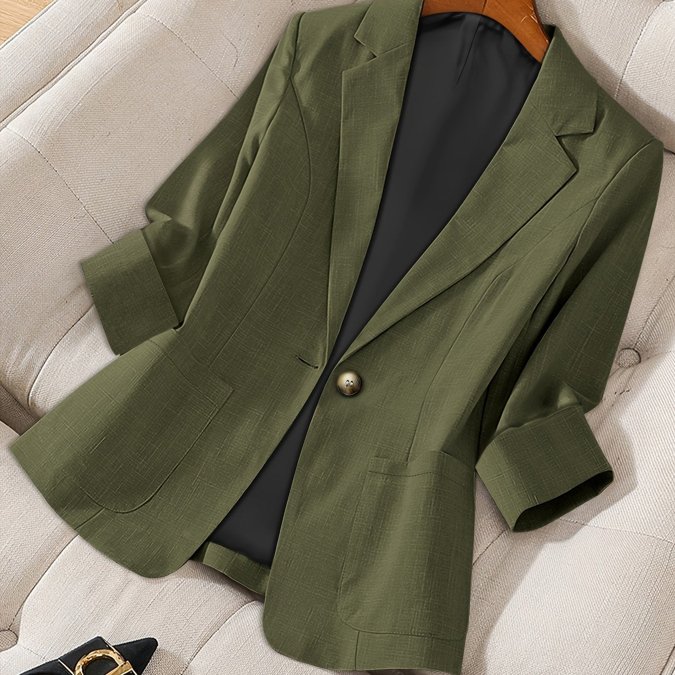Women's Light Beige Casual Blazer Jacket - Solid Color Single-Breasted Button Front, Notch Lapel & Chest Pocket, Machine Washable H-Silhouette for Autumn Office & Casual Attire, Subtle Stripe Texture