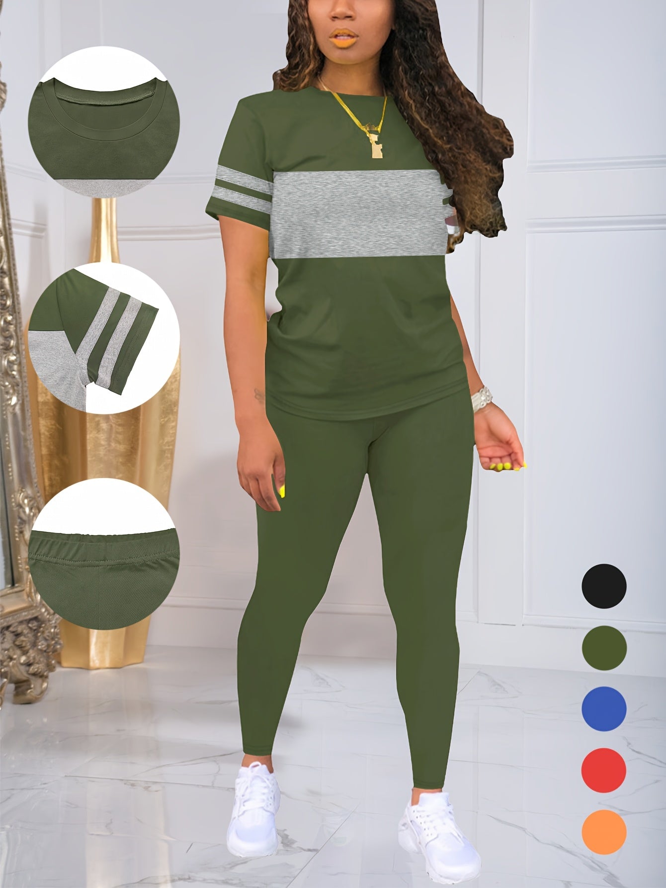 Women's Spring and Summer Round Neck Short Sleeve Top and Pants Set, Solid Color and Colorful Elastic Women's Set